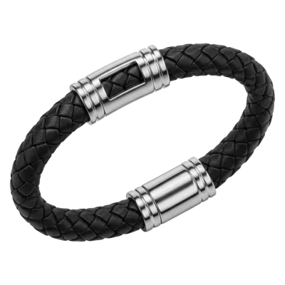 Pulseira masculina de couro e aço