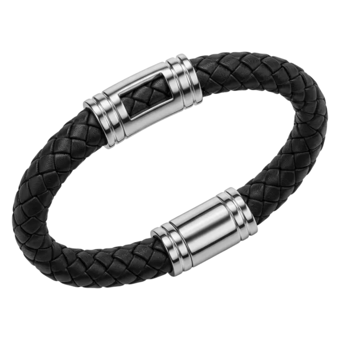 Pulseira masculina de couro e aço