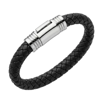 Pulseira masculina de couro e aço