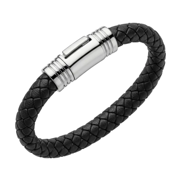Pulseira masculina de couro e aço