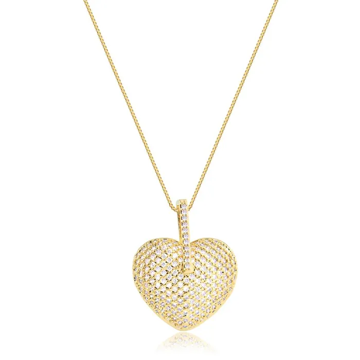 Colar com Pingente de Coração Maciço cravejado
