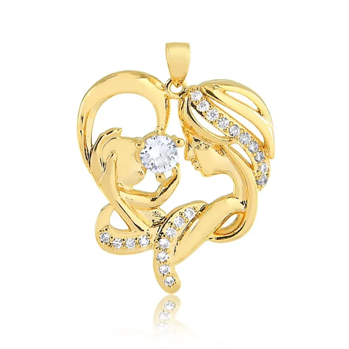 Colar com Pingente Mãe com bebê em coração cravejado