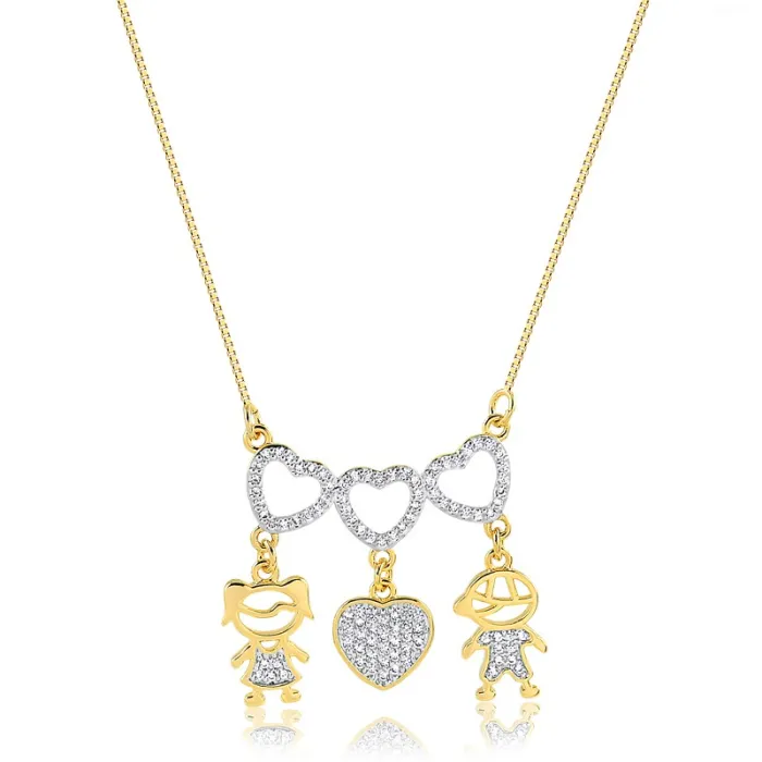 Colar com Pingente Canga 3 corações com casal de filhos