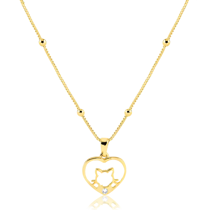 Colar Veneziana ball e pingente coração vazado com gato