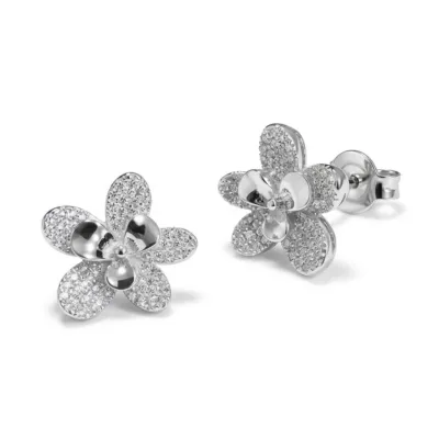 Brinco Flor estilizada cravejado zirconias - Banho Prata