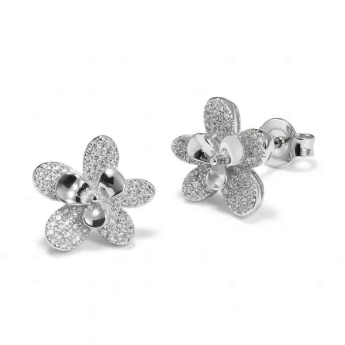Brinco Flor estilizada cravejado zirconias - Banho Prata