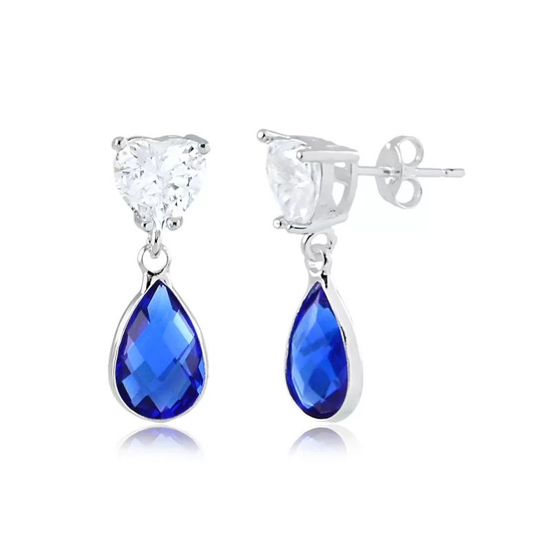 Brinco Pendurado Coração cristal com pingente gota azul Banho Prata