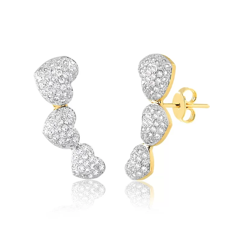 Brinco Ear Cuff Trio de Corações com detalhe em ródio