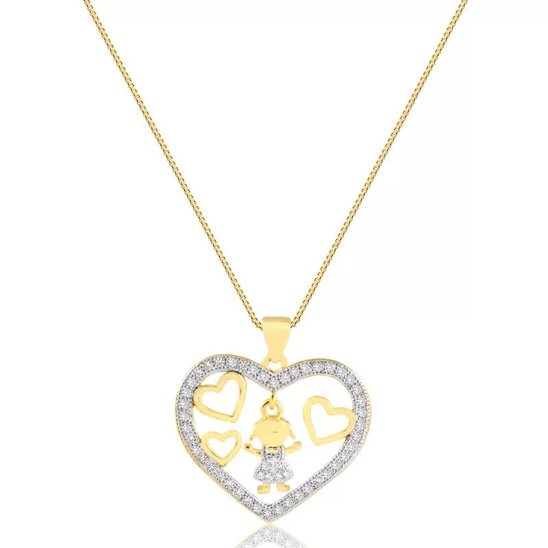 Colar Coração de Zircônia com Menina Pendente
