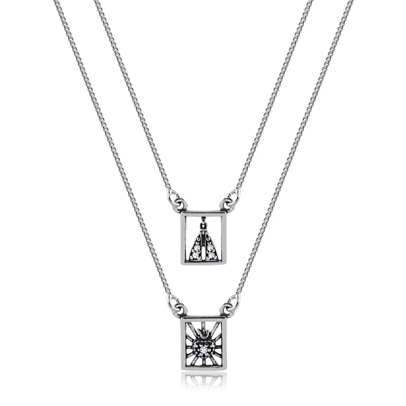 Escapulário com Nossa Senhora / Sagrado Coração em Prata envelhecida