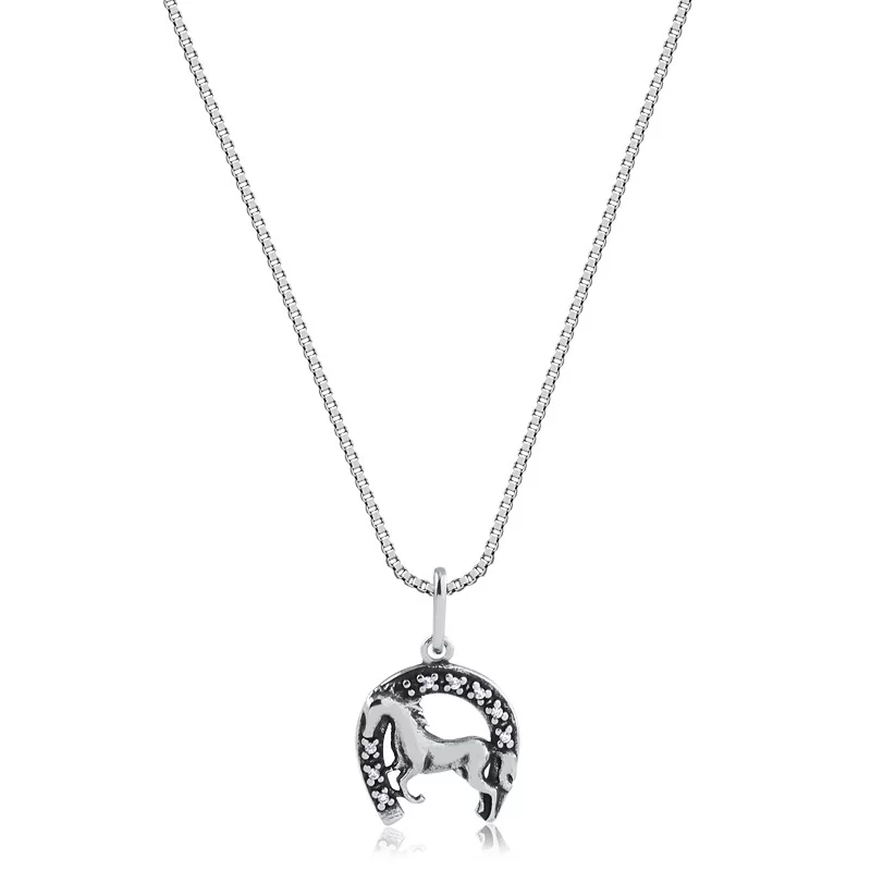 Colar co Ferradura e Cavalo em Prata Envelhecida