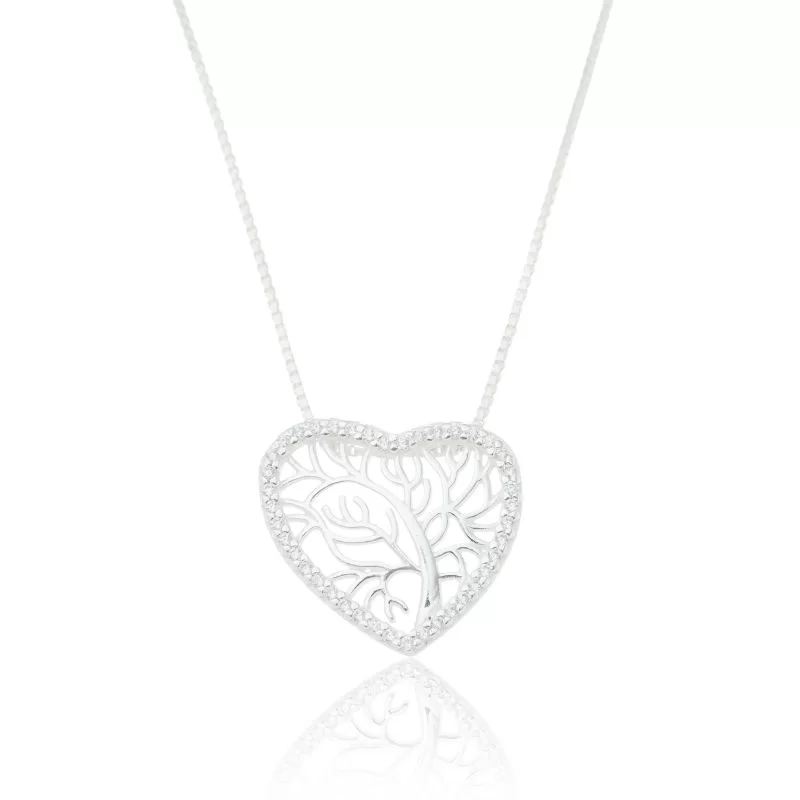 Colar com Pingente de Coração e Árvore da Vida, em Prata