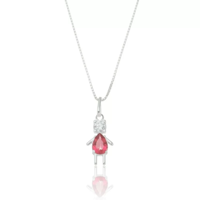 Colar com Ping de Menina em Zircônia Cristal e Rosa Cereja